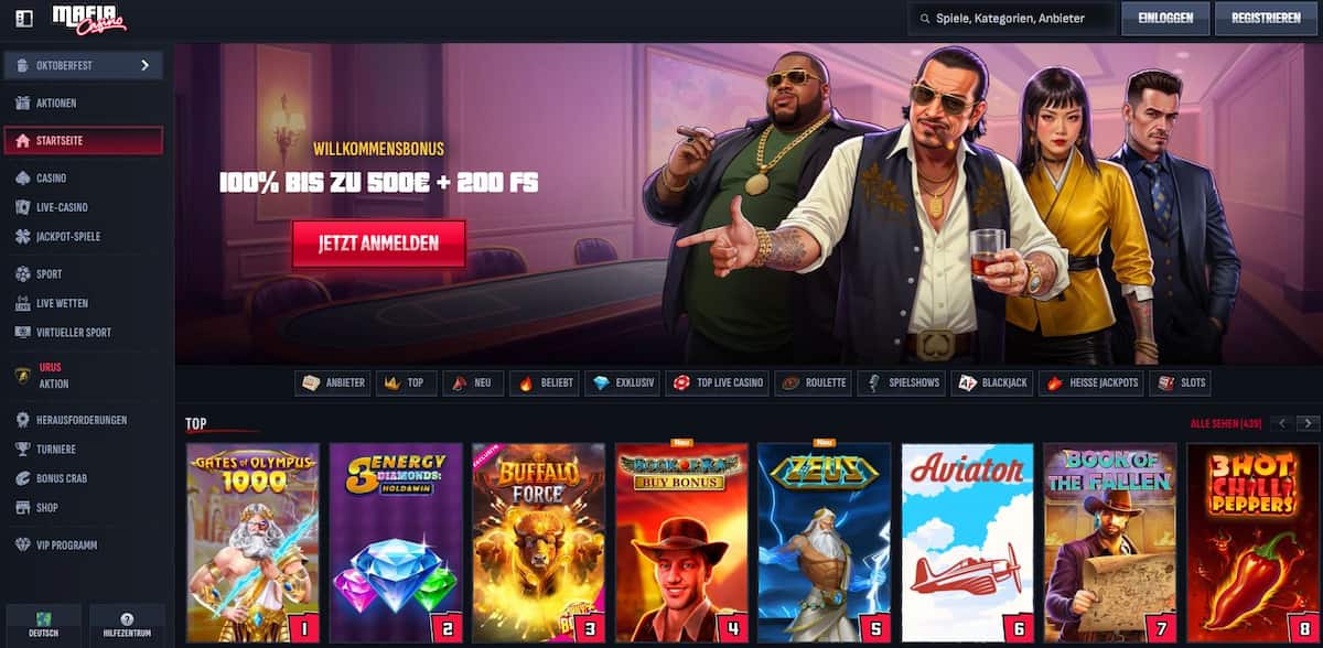 Mafia Casino bietet eine umfassende Spielumgebung: Tausende Slots und Live-Spiele sowie Sportwetten vereinen sich auf einer Plattform mit Lizenz aus Anjouan. Der Willkommensbonus liegt bei 100 % bis zu 500 € plus 200 Freispiele. Ein klarer Fokus liegt auf mobilem Zugriff, vielen Zahlungsmethoden (inklusive Kryptowährungen) und einem VIP-Programm mit Cashback und persönlichen Boni. Der Anbieter ist ideal für Spieler, die ohne die üblichen OASIS-Beschränkungen spielen möchten.