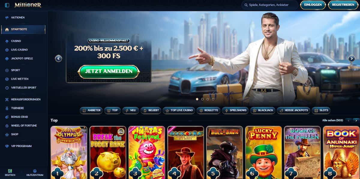 Millioner bietet über 10.700 Slots und 800 Tischspiele, darunter Gates of Olympus Super Scatter, Book of Ra und Duel at Dawn. Das Live Casino ergänzt das vielseitige Angebot. Besonders attraktiv sind die zwei Boni: Ein Standardbonus mit 200 % bis 2.500 € + 300 Free Spins sowie ein Krypto-Bonus mit 200 % bis 3.000 USDT. Zahlungen per Kryptowährung stehen im Fokus, andere Optionen könnten vielfältiger sein. Dennoch überzeugt Millioner mit fairen Bedingungen, zuverlässigen Auszahlungen und spannendem Spielvergnügen ohne OASIS-Beschränkung.